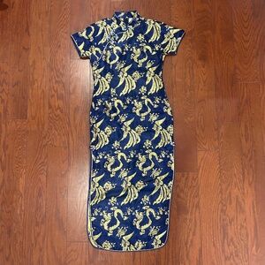 Navy Blue Chinese Traditional Satin Cheongsam Long Qipao Wedding Party Dress